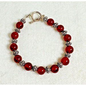 Rich Deep Red Glass Bead Bracelet w/ Sterling Silver Spacers & Toggle Clasp - 7"